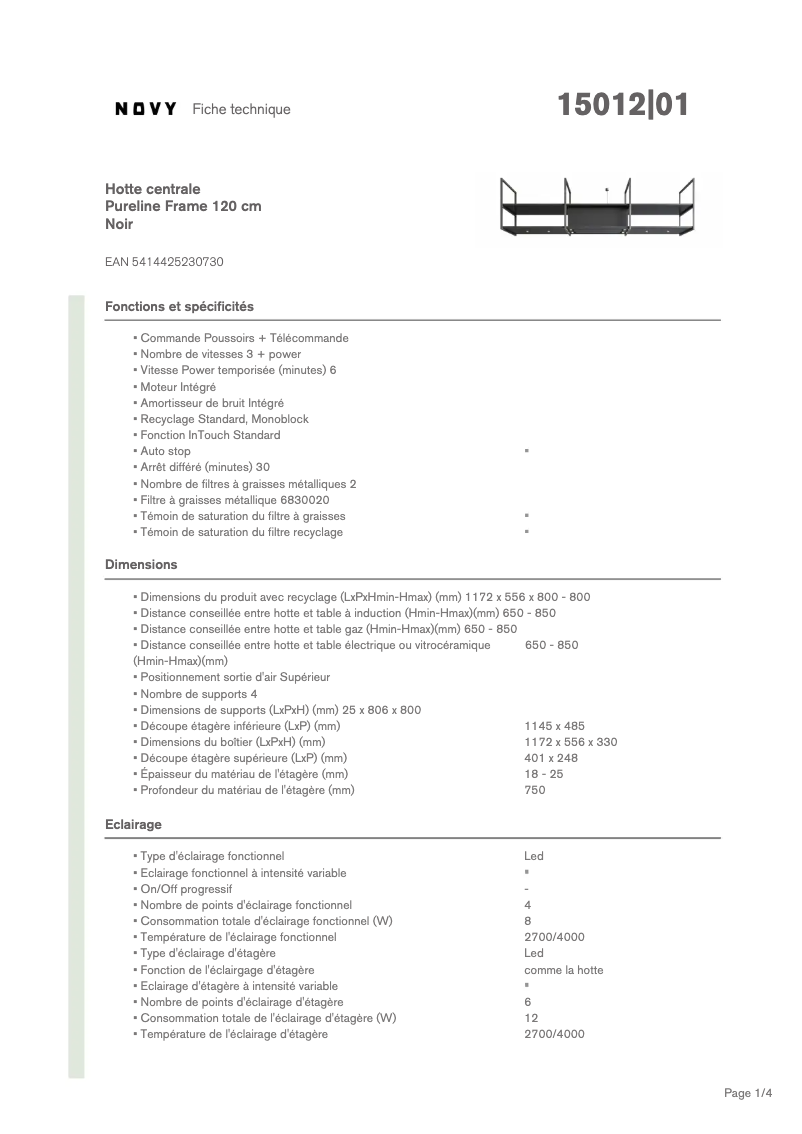Page 1 of the manual Technical Sheet Novy Pureline Frame 15012