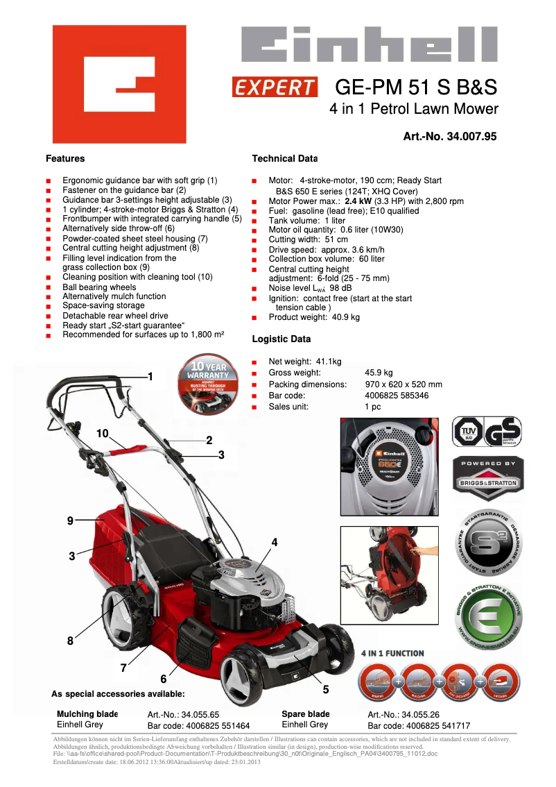 Page 1 of the manual Technical Sheet Einhell GE-PM 51 S B&S