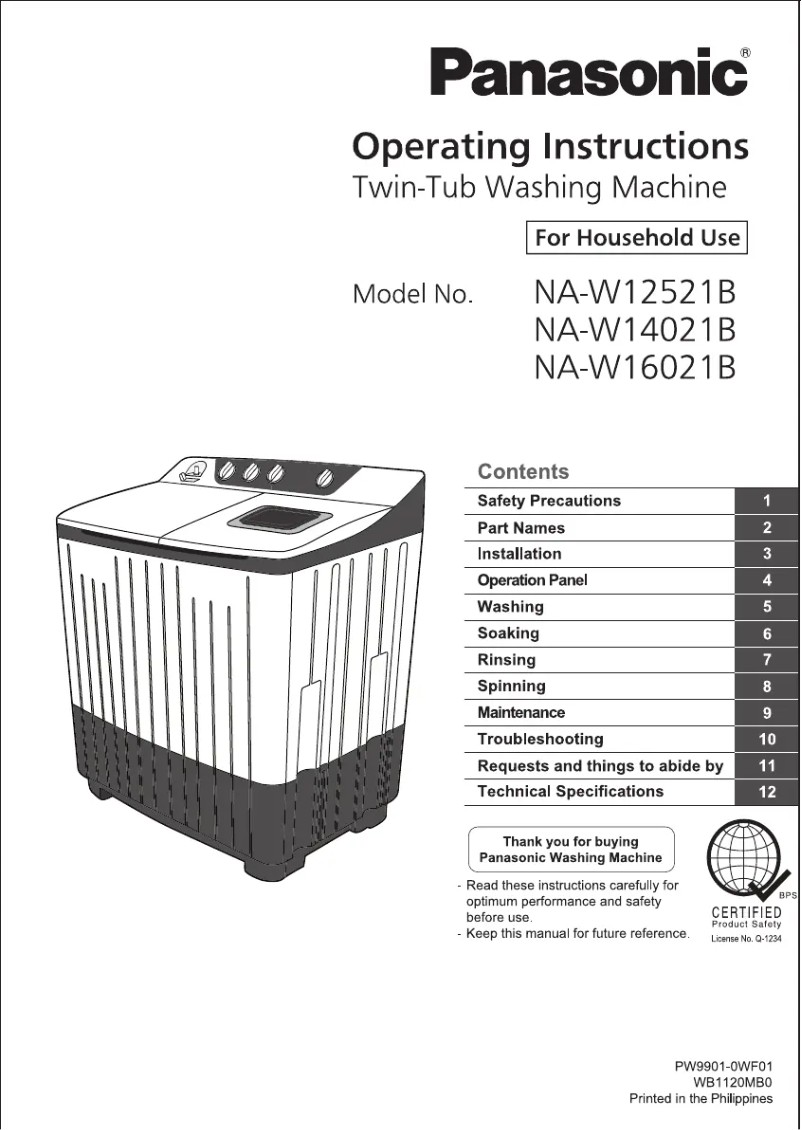 Page 1 of the manual User Manual Panasonic NA-W16021B