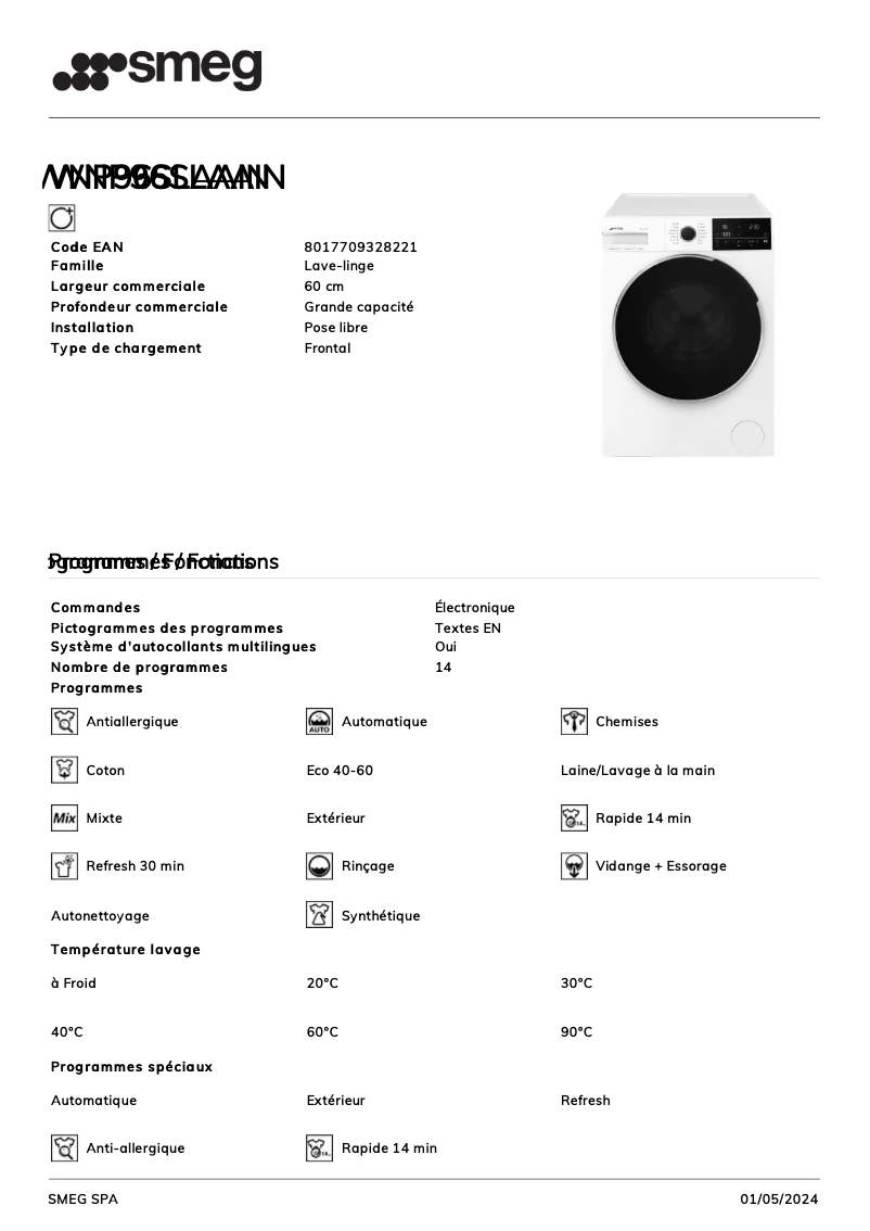 Page 1 of the manual Technical Sheet Smeg WNP96SLAAIN