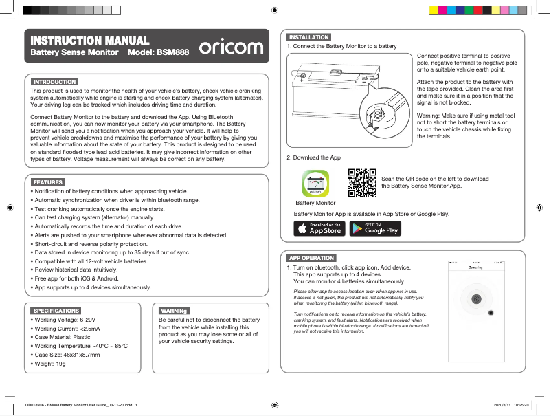 Page 1 de la notice Manuel utilisateur Oricom BSM888