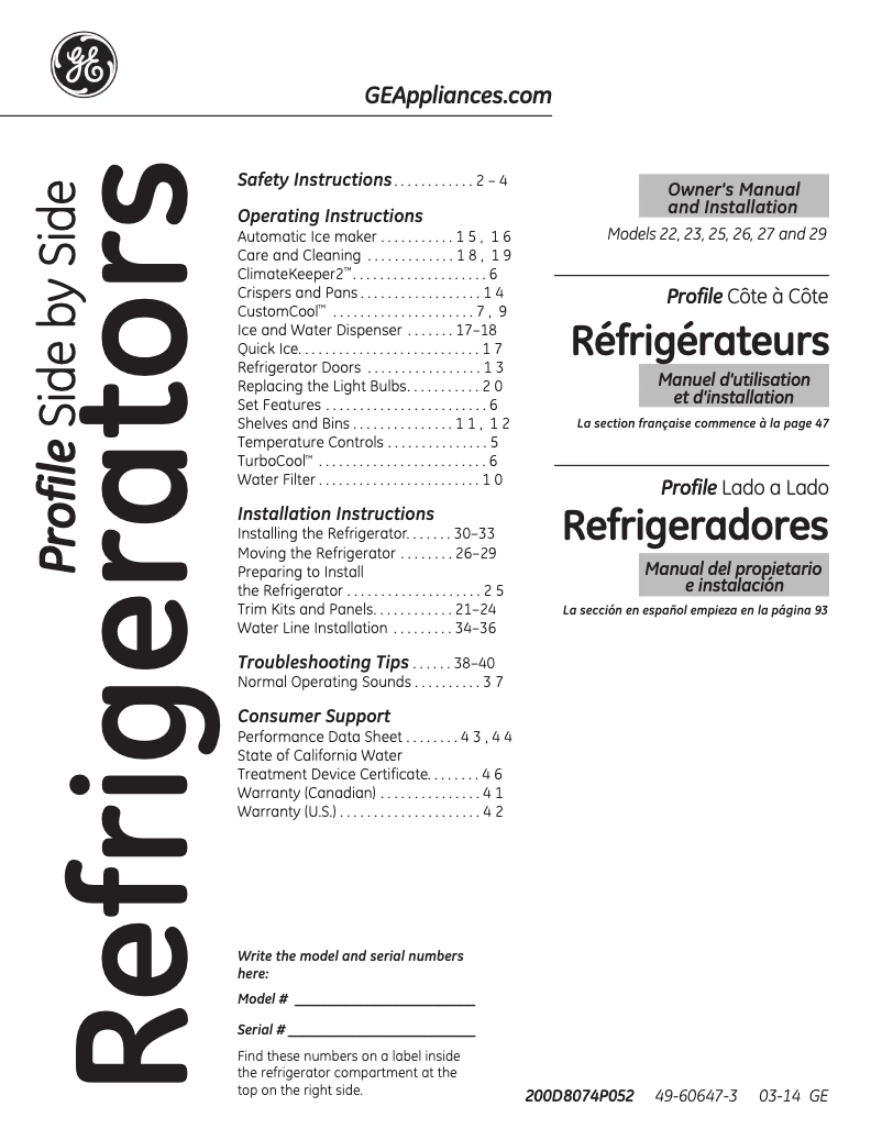 First page image of the manual for Profile PSE25KGHWW