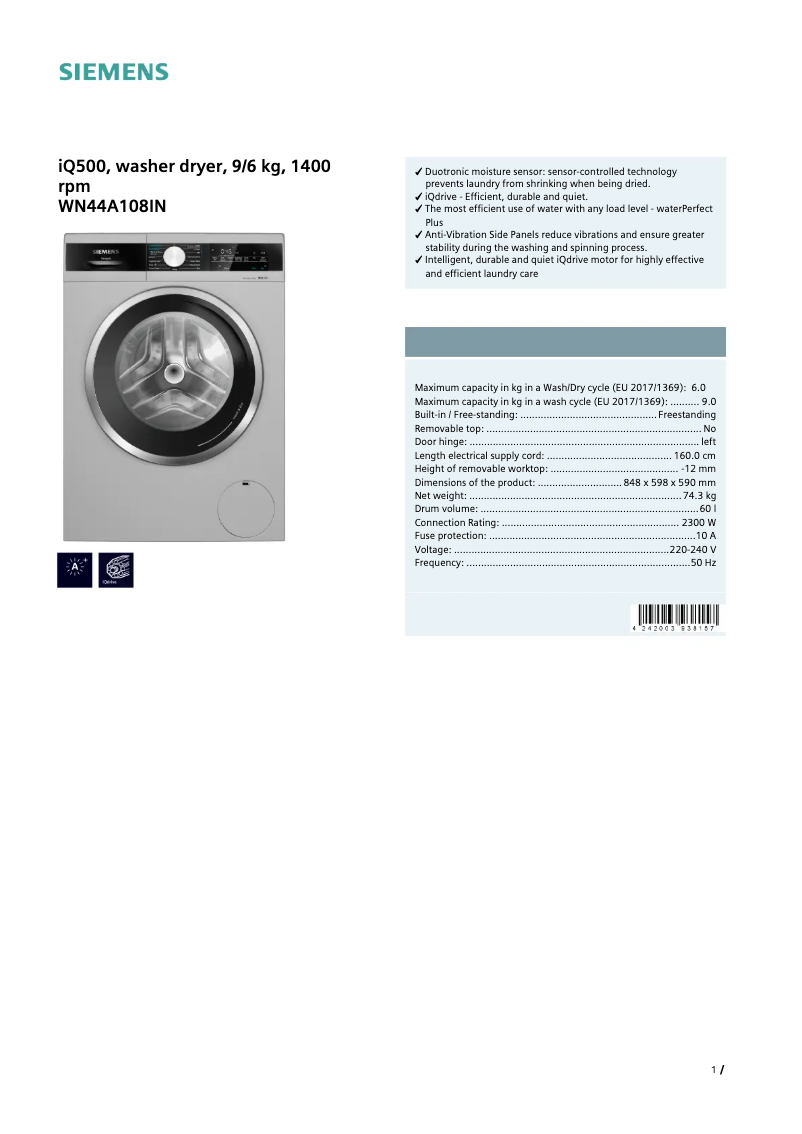 Page 1 of the manual User Manual Siemens WN44A108IN