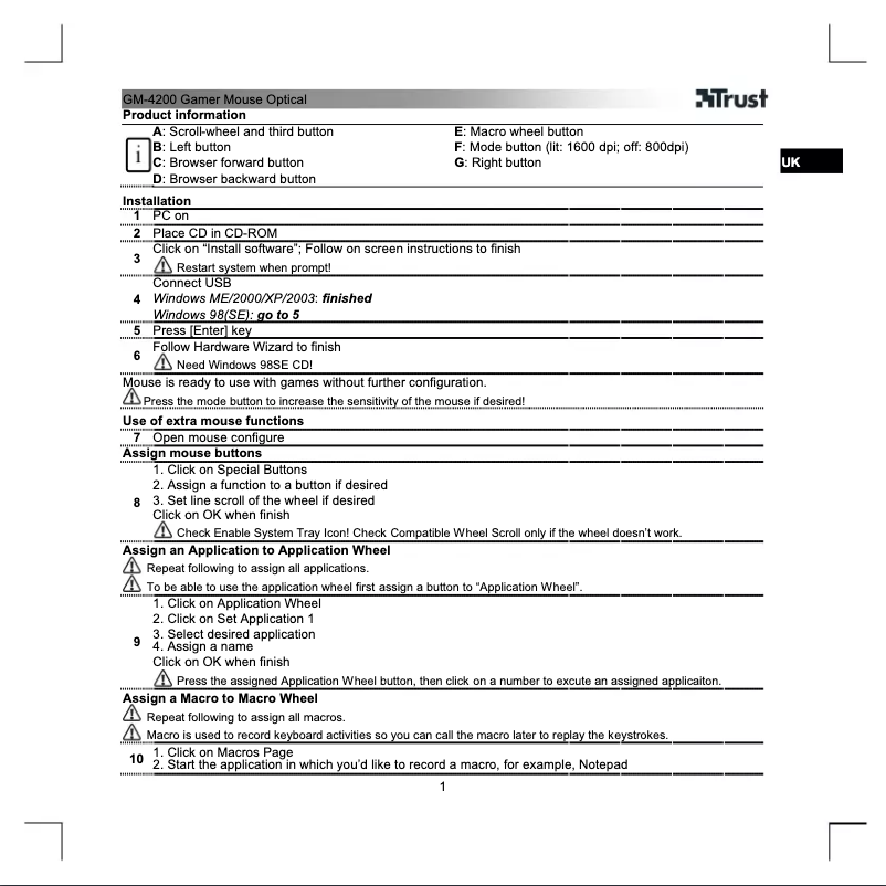 Page 1 of the manual User Manual Trust GM-4200
