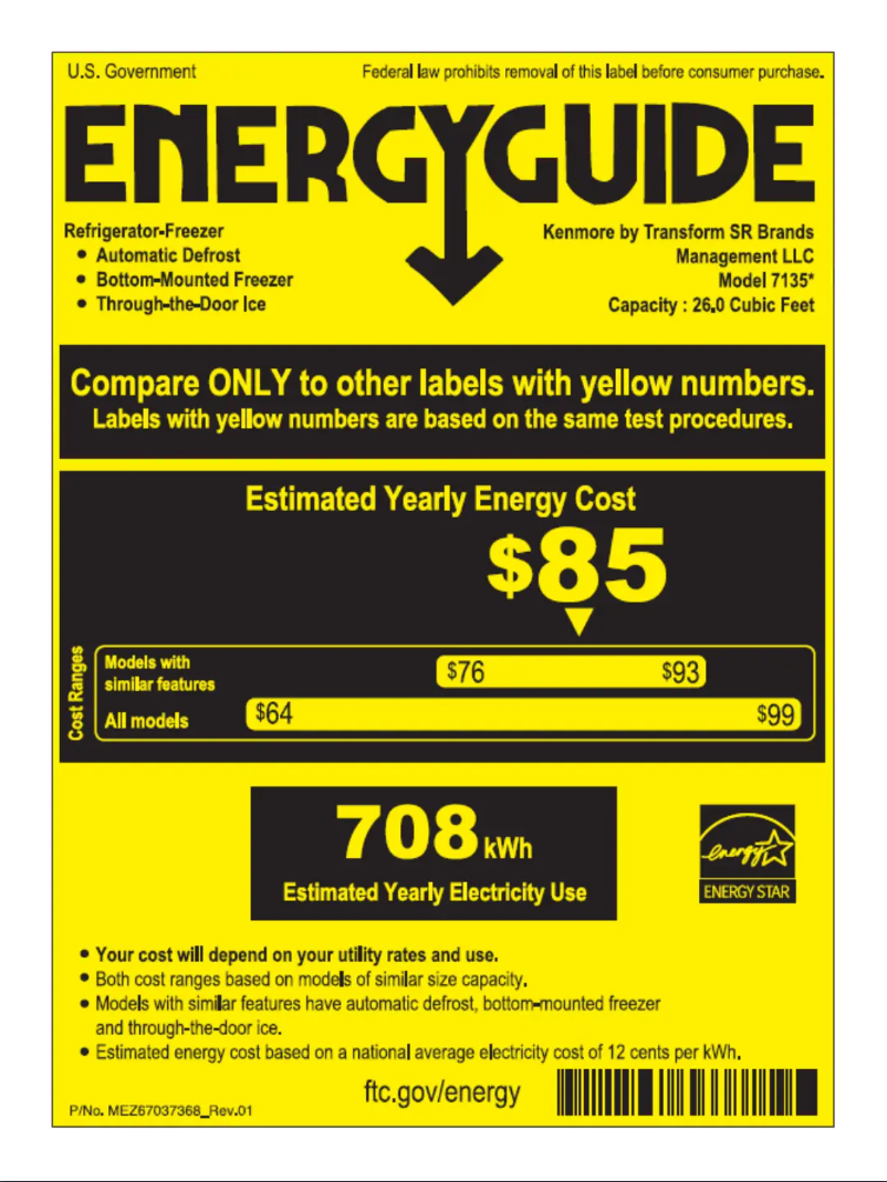 Page 1 of the manual Energy Label Kenmore 71355