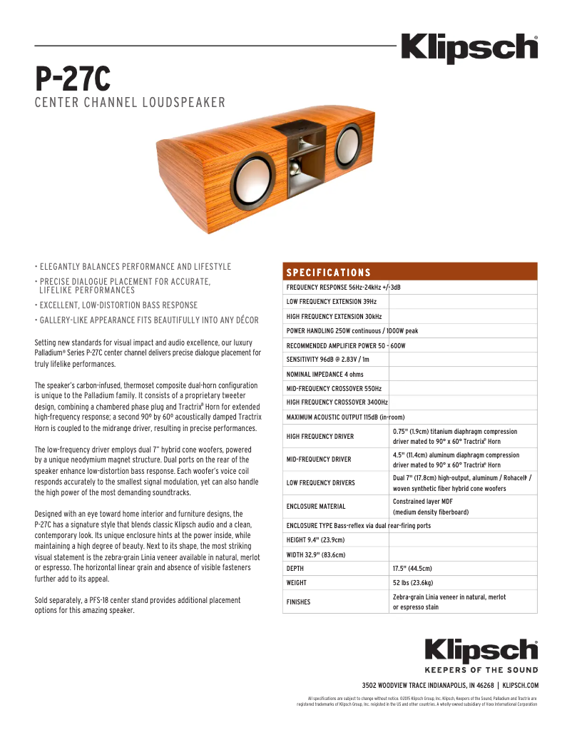Page 1 of the manual Technical Sheet Klipsch Palladium P-27C