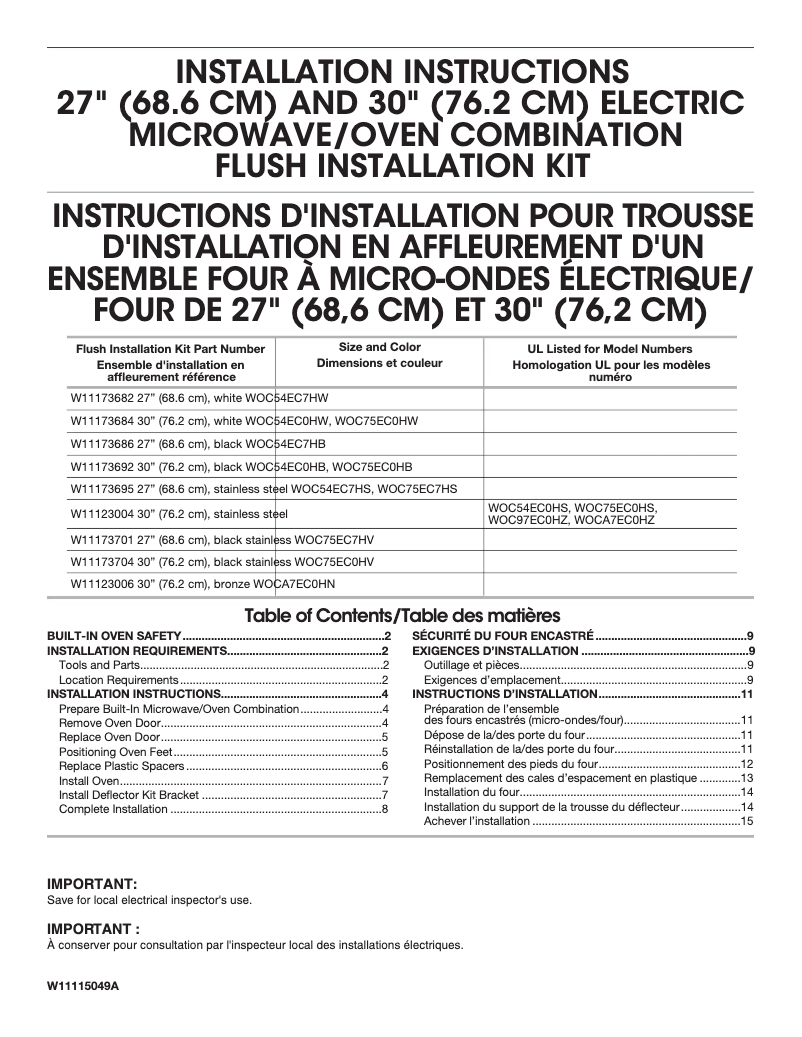 Page 1 de la notice Instructions / montage Whirlpool WOC75EC7HV