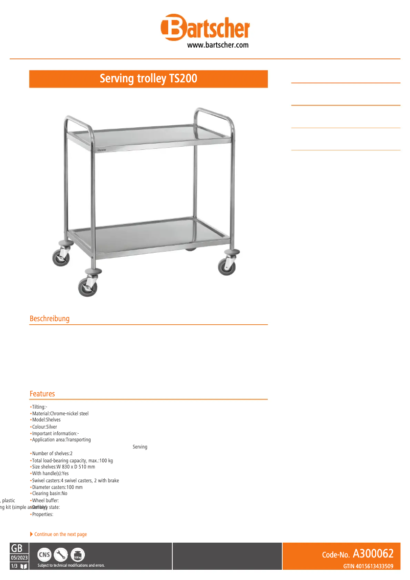 Page 1 of the manual Technical Sheet Bartscher TS200