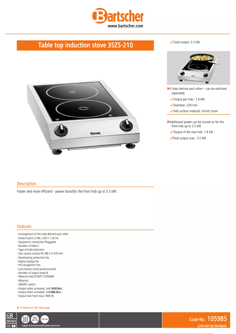 Page 1 of the manual Technical Sheet Bartscher ZS-210