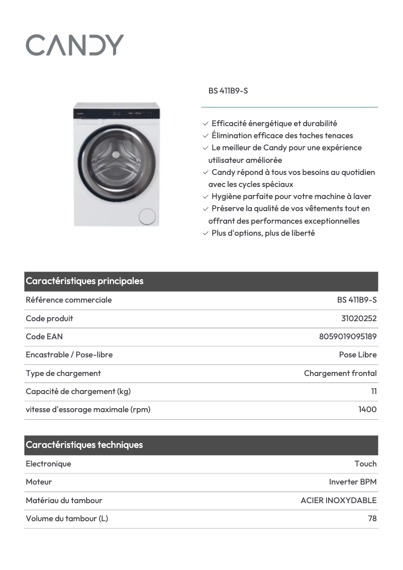 Page 1 of the manual Technical Sheet Candy BS 411B9-S