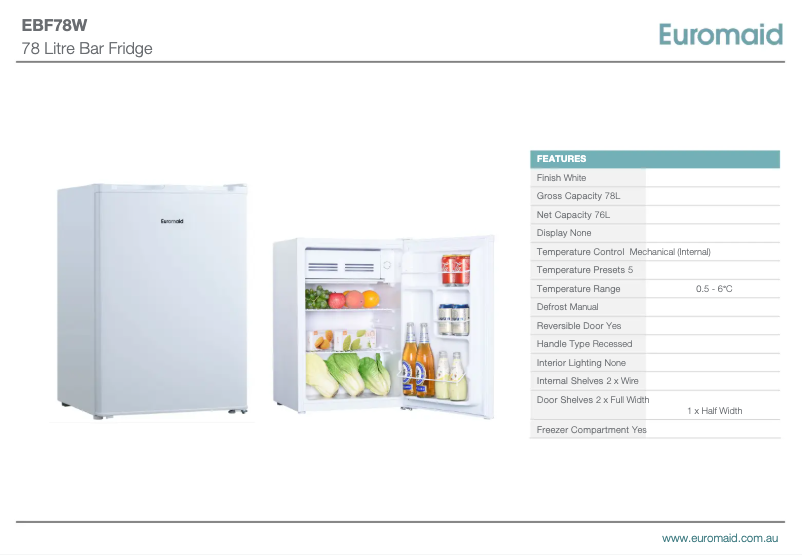 Page 1 of the manual Technical Sheet Euromaid EBF78W