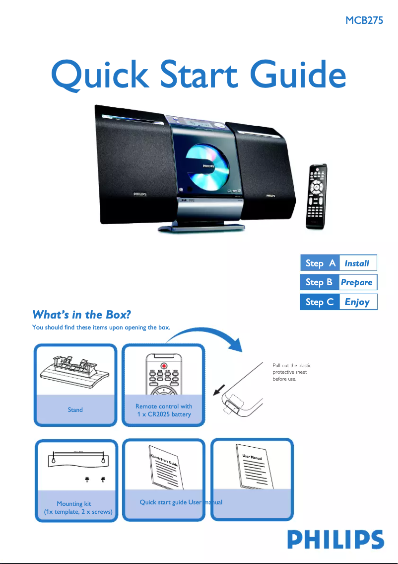 Page 1 of the manual Quick Start Guide Philips MCB275