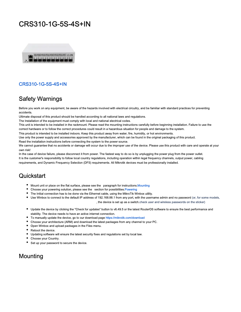 Page 1 of the manual User Manual Mikrotik CRS310-1G-5S-4S+IN
