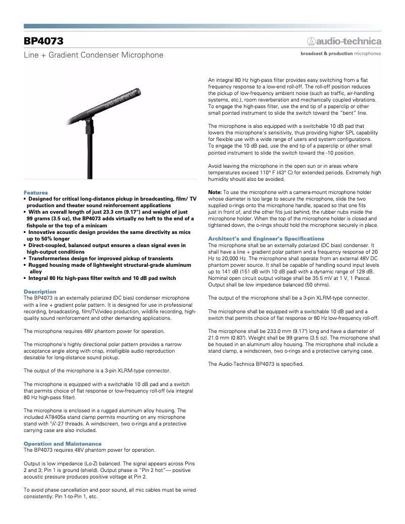 Page 1 de la notice Fiche technique Audio-Technica BP4073