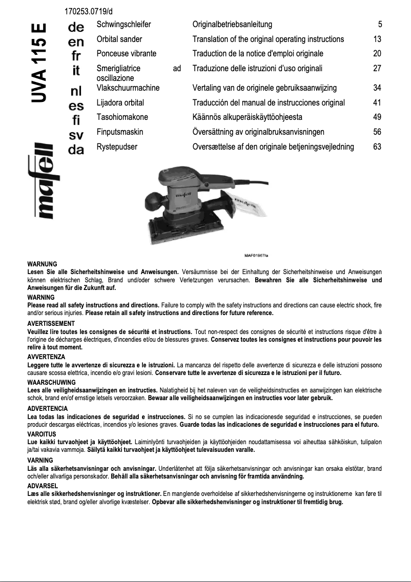 Page 1 of the manual User Manual Mafell UVA 115 E