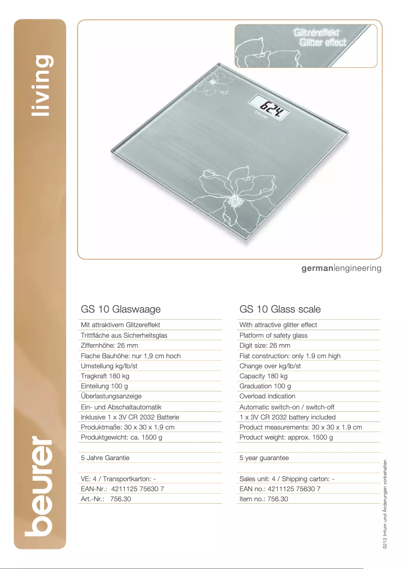 Page 1 of the manual Technical Sheet Beurer GS 10