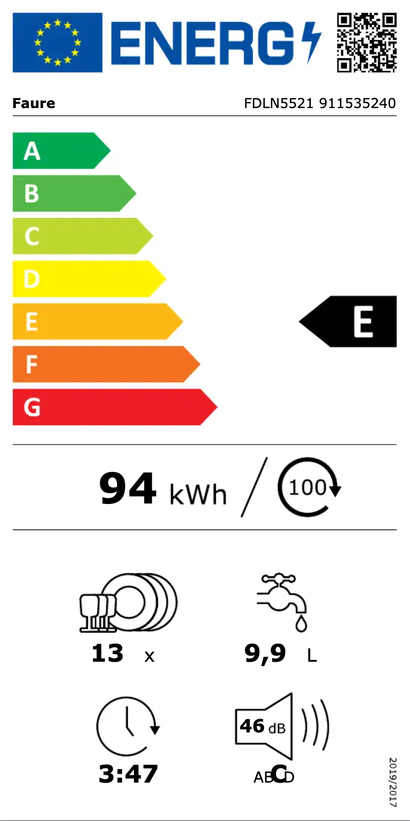 Page 1 of the manual Energy Label Faure FDLN5521