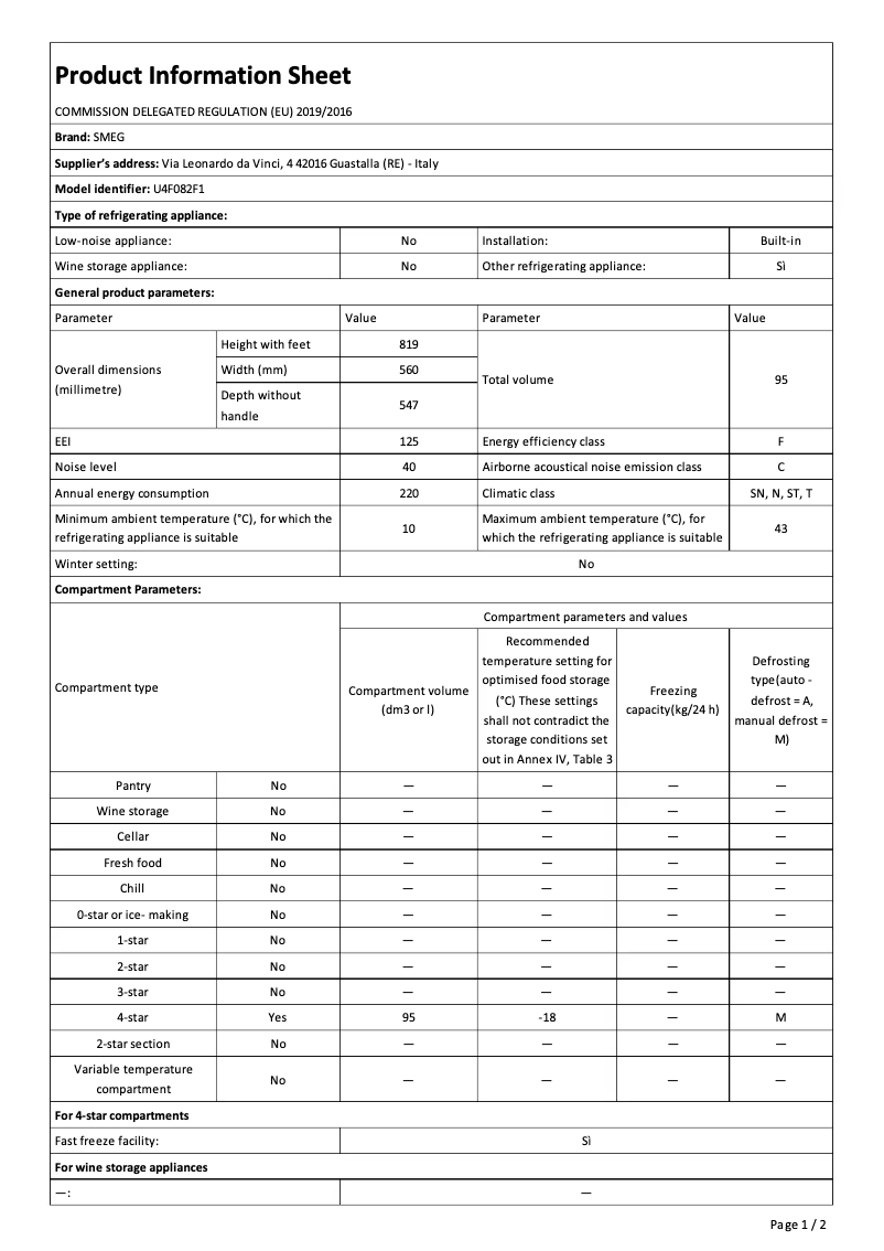 Page 1 of the manual Brochure Smeg U4F082F1