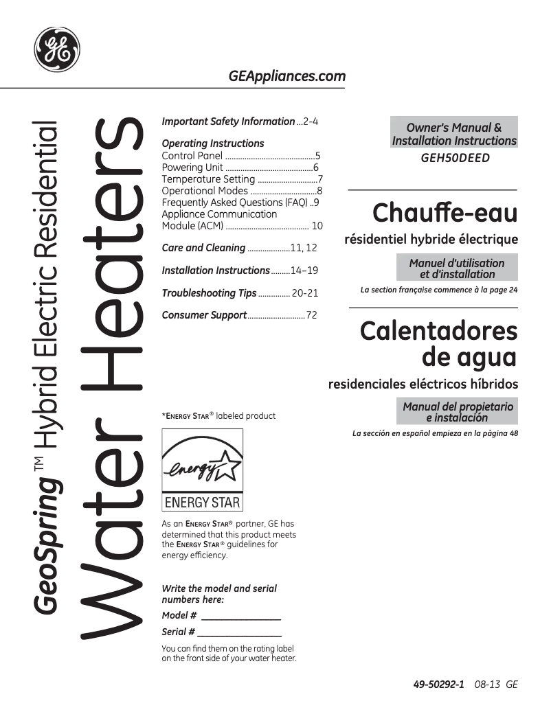 First page image of the manual for GeoSpring H50DEEDSR