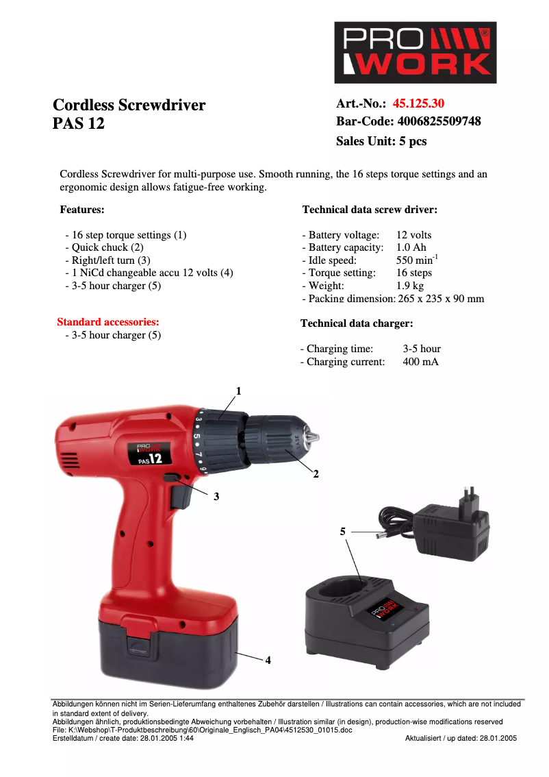 Page 1 of the manual User Manual Prowork PAS 12