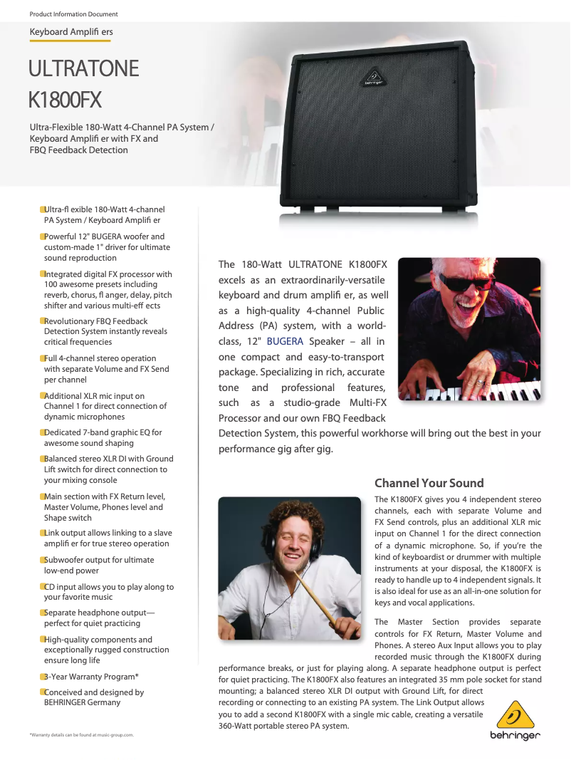 Page 1 of the manual Technical Sheet Behringer K1800FX