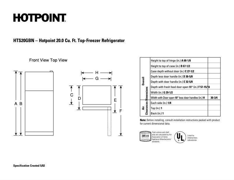 Page 1 of the manual Technical Sheet Hotpoint HTS20GBNWW