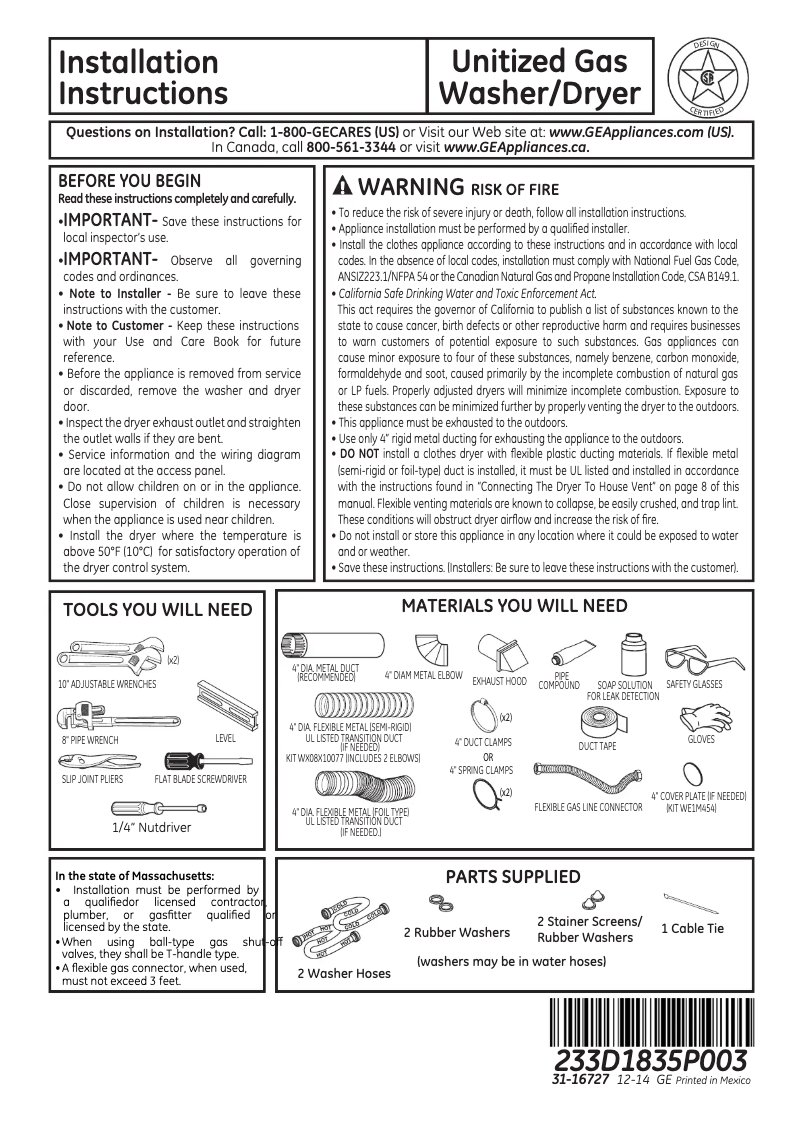 Page 1 of the manual Installation Guide GE Spacemaker GUD27GSSJWW