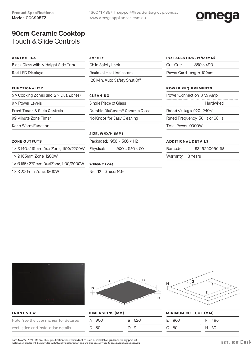 Page 1 of the manual Technical Sheet Omega OCC905TZ