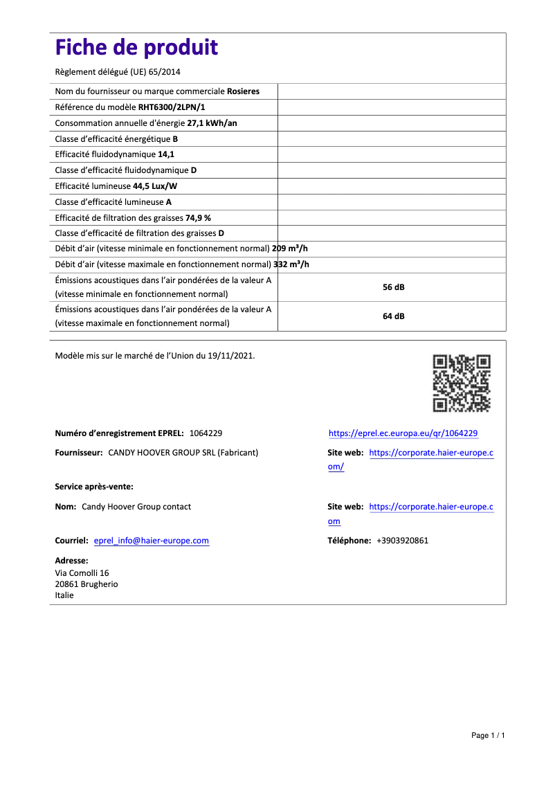 Page 1 of the manual Technical Sheet Rosieres RHT6300/2LPN/1