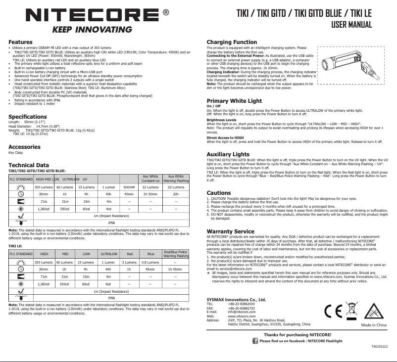 Page 1 of the manual User Manual Nitecore TIKI LE
