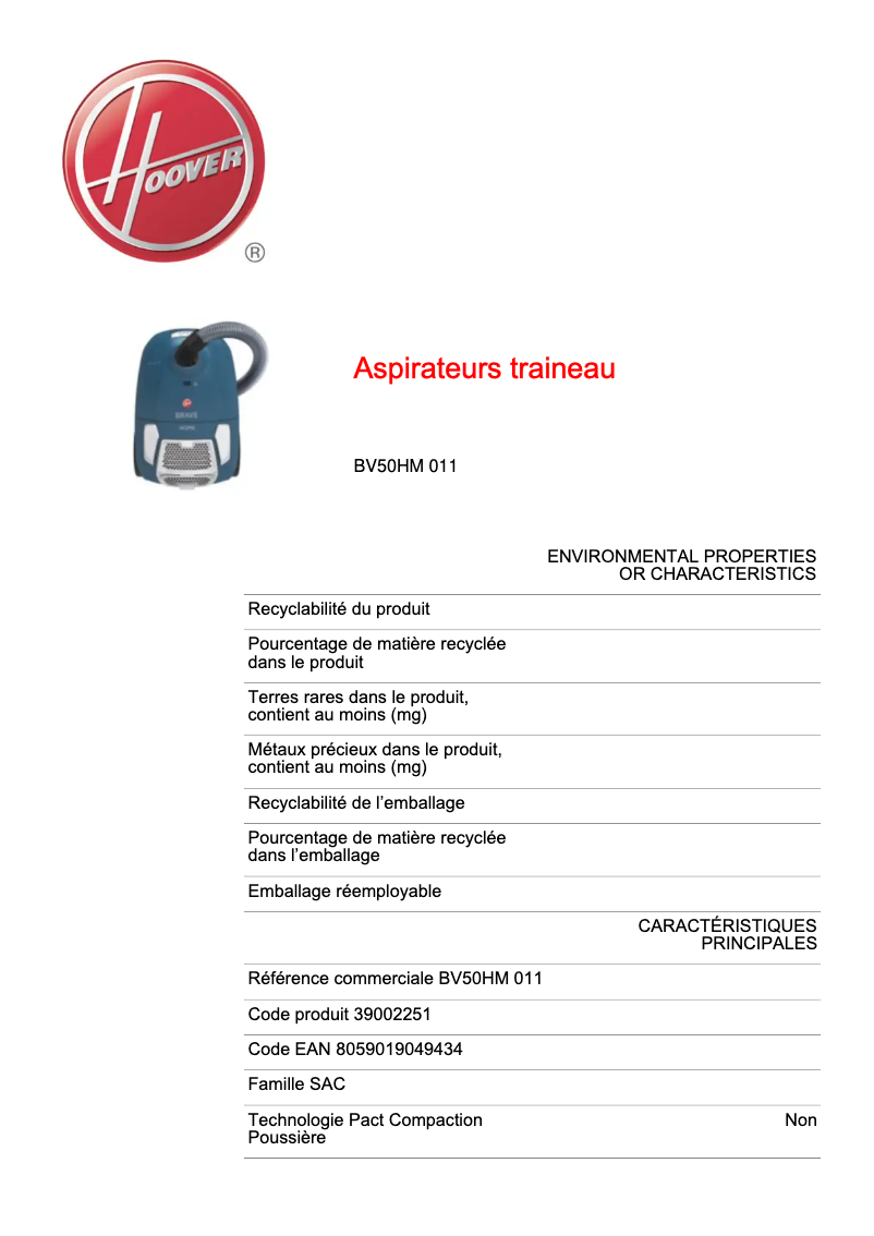 Page 1 of the manual Technical Sheet Hoover BV50HM 011