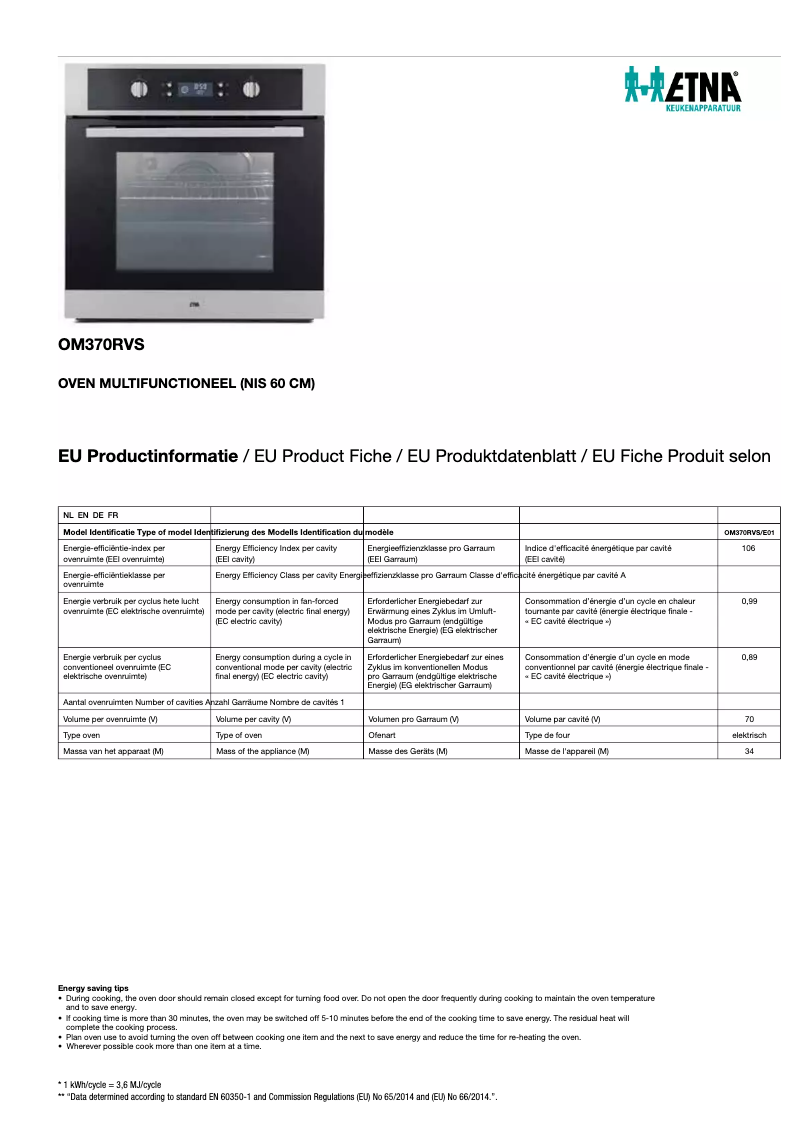 Page 1 of the manual Technical Sheet Etna OM370RVS