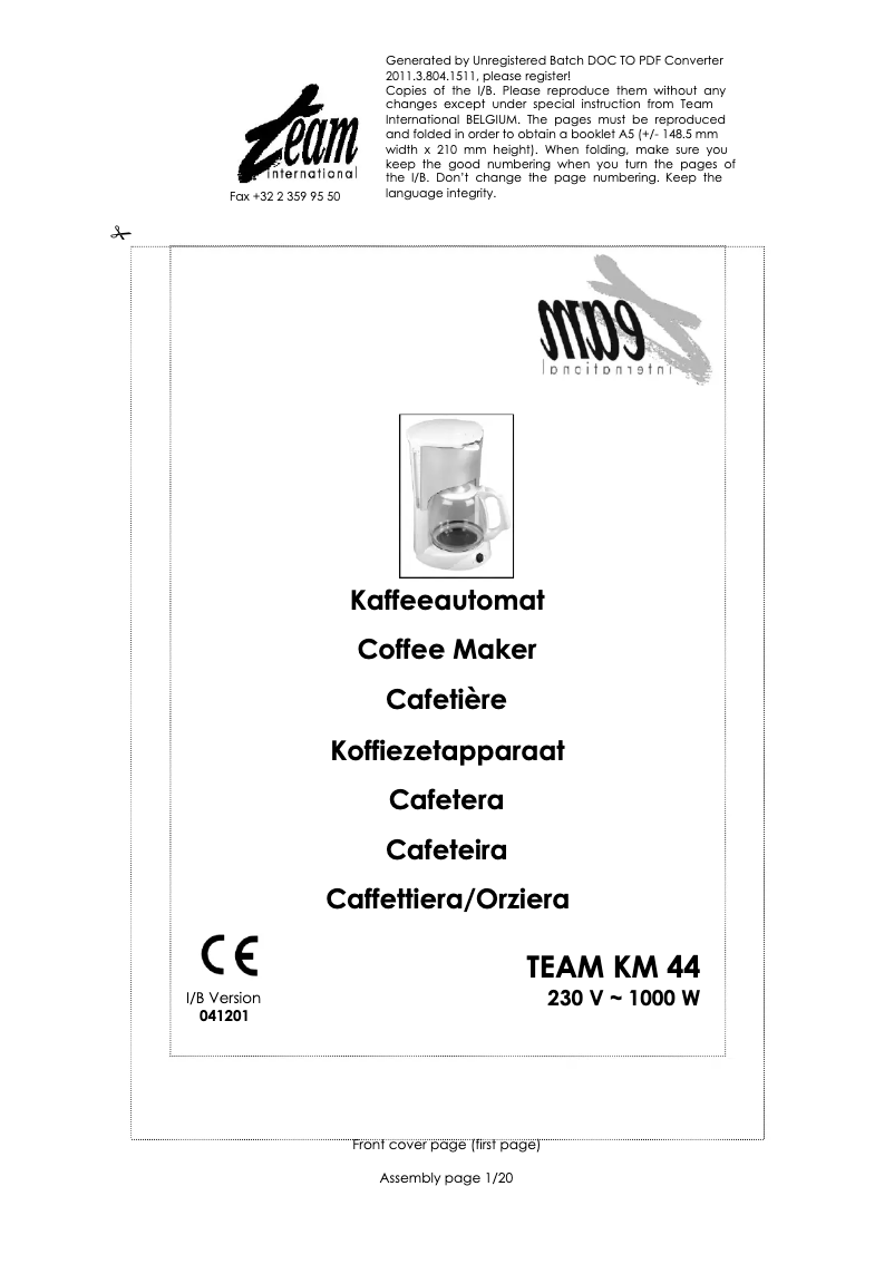 First page image of the manual for KM 44