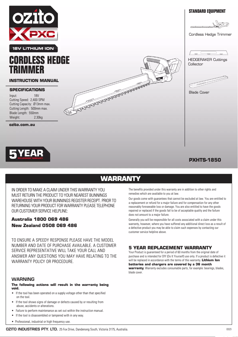 First page image of the manual for PXHTS-1850