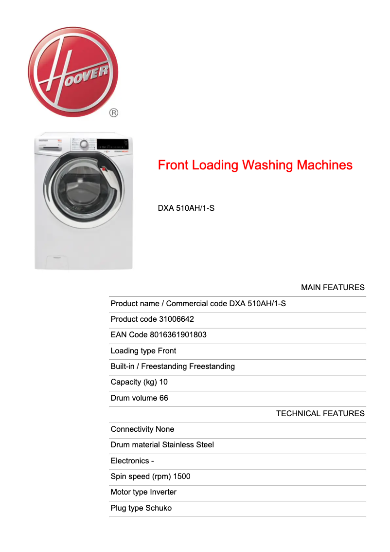 Page 1 of the manual Technical Sheet Hoover DXA 510AH/1-S