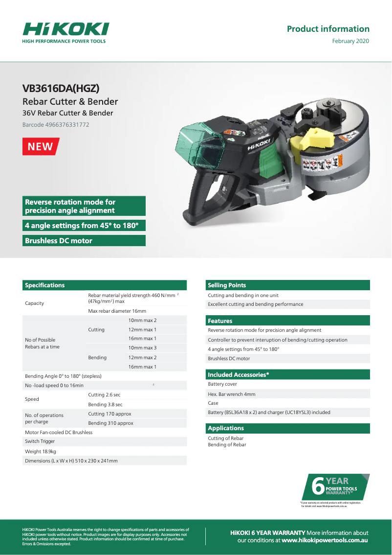 Page 1 of the manual Technical Sheet HiKOKI VB3616DA