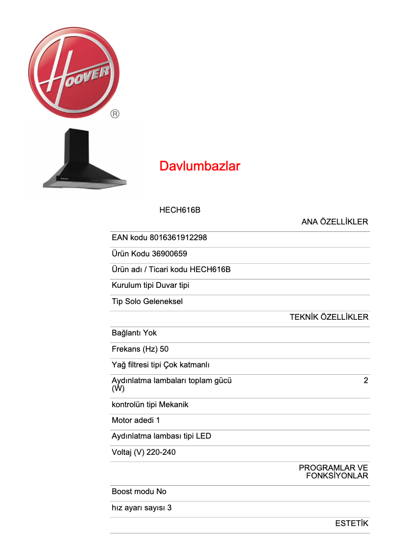 Page 1 of the manual Technical Sheet Hoover HECH616B