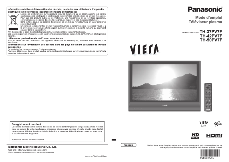 First page image of the manual for Viera TH-37PV7F