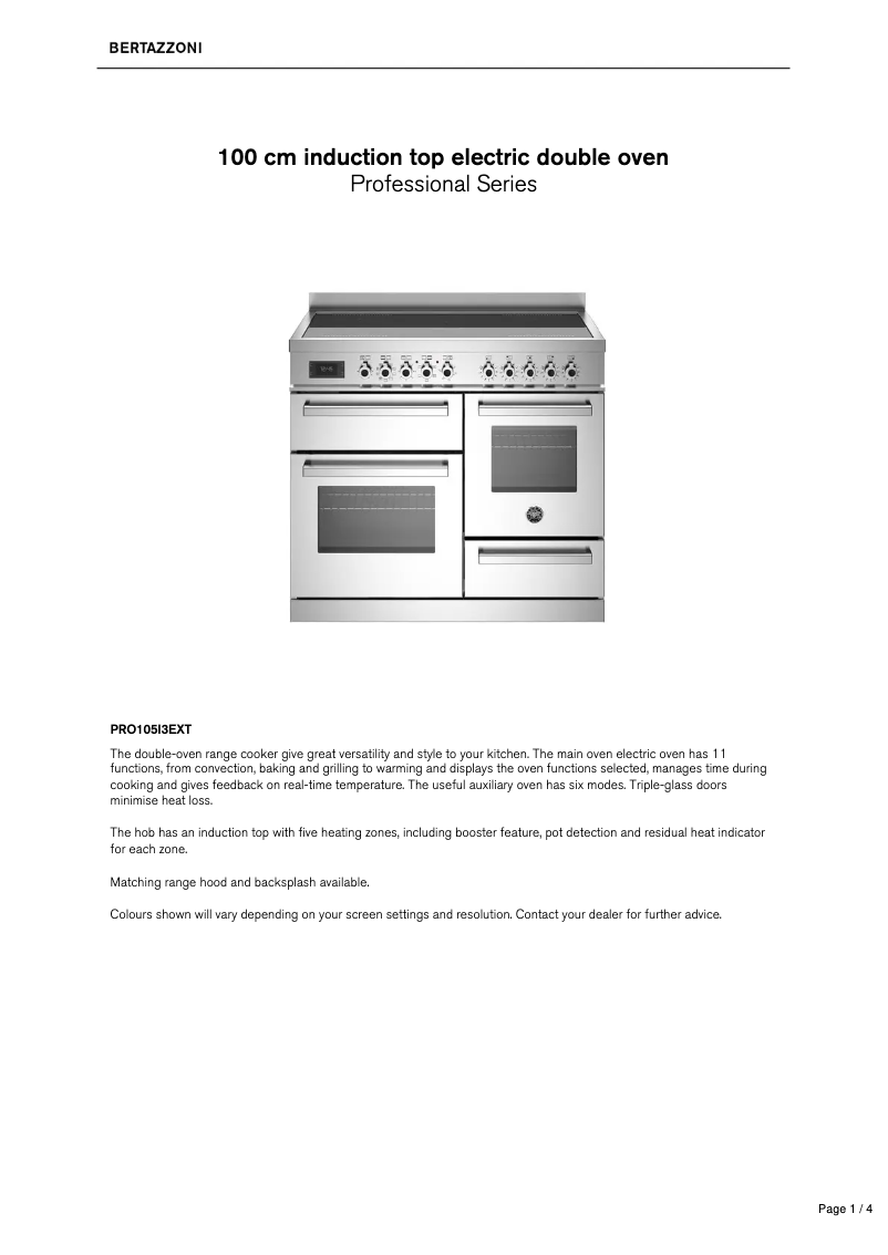 Page 1 of the manual Technical Sheet Bertazzoni PRO105I3EXT