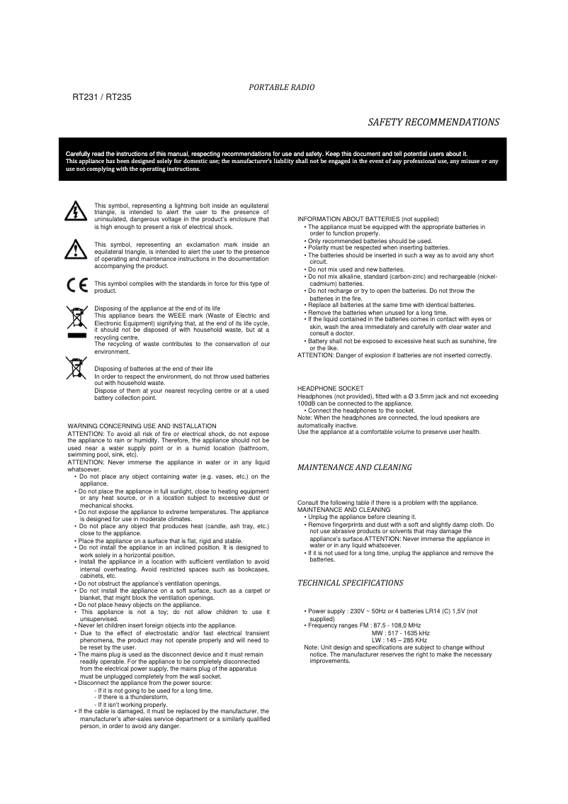 Page 1 of the manual User Manual Thomson RT235