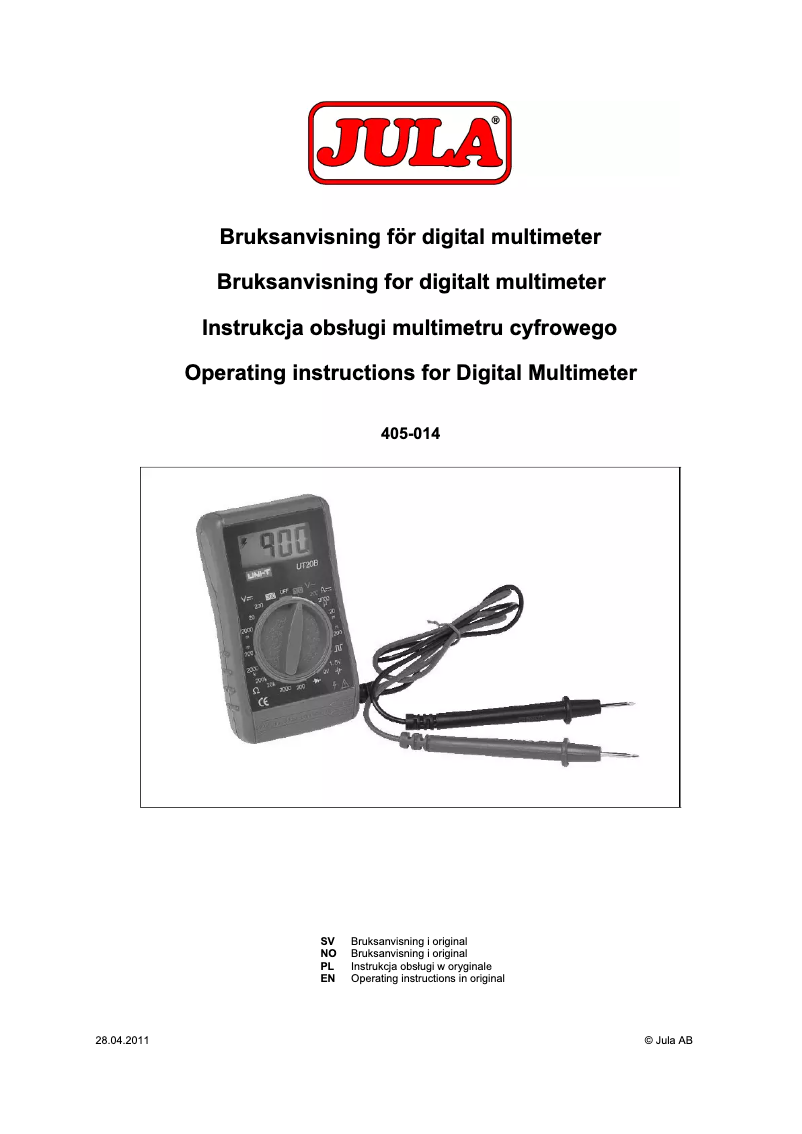 Page 1 of the manual User Manual Jula 405-014