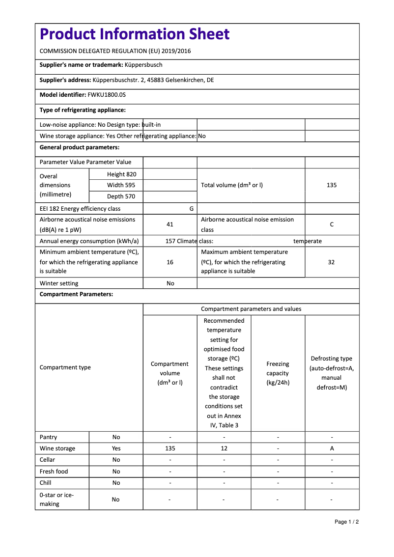 Page 1 of the manual Technical Sheet Küppersbusch FWKU1800.0S