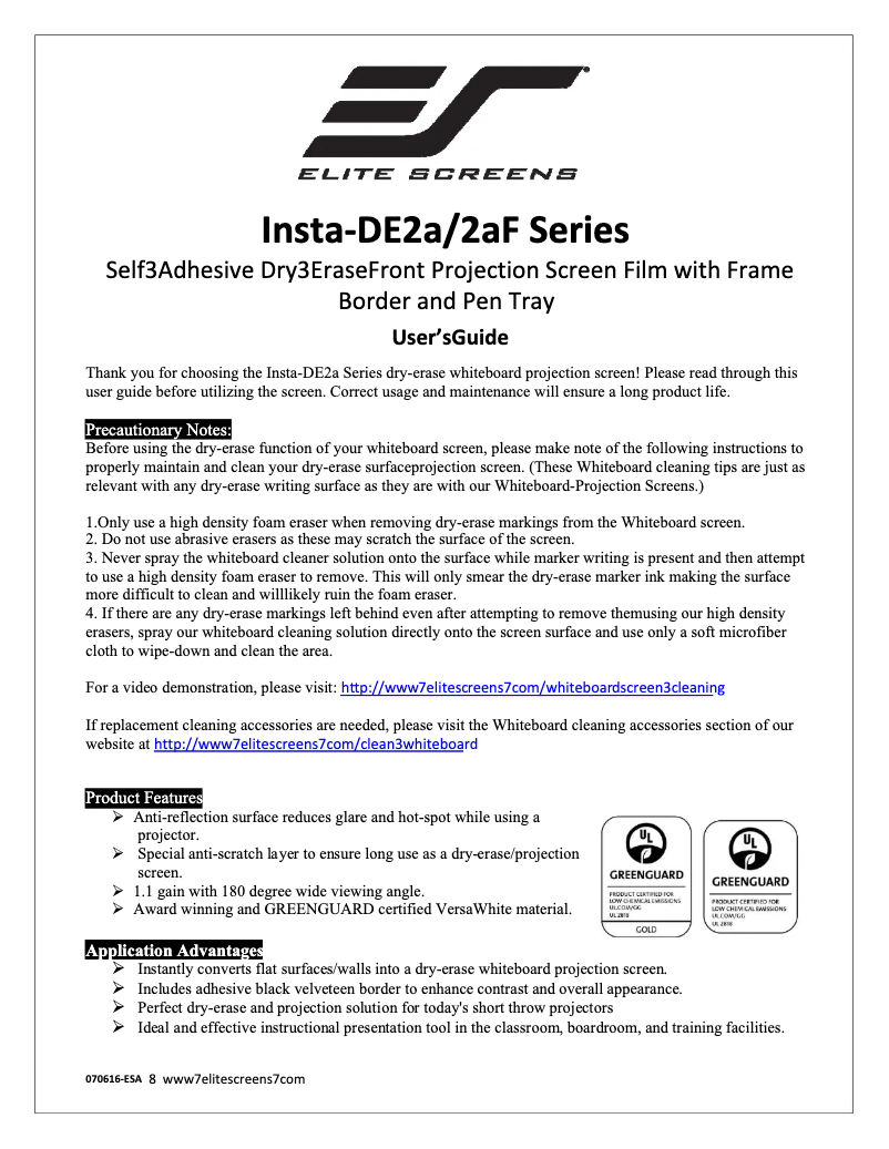 Page 1 de la notice Manuel utilisateur Elite Screens Insta-DE 2