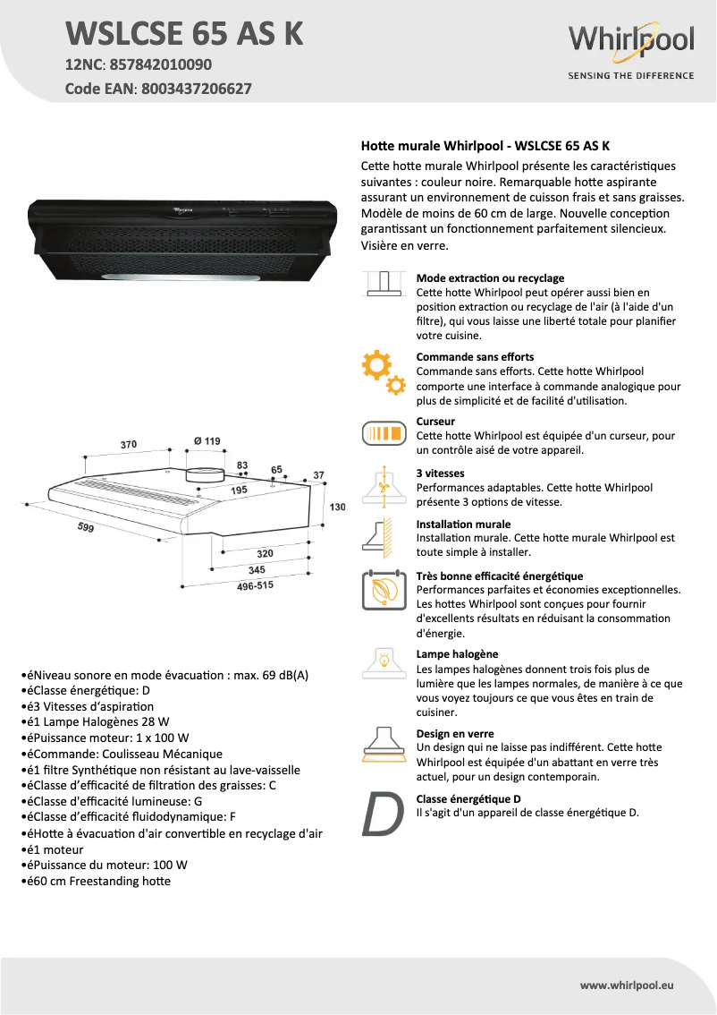 Page 1 of the manual Technical Sheet Whirlpool WSLCSE 65 AS K