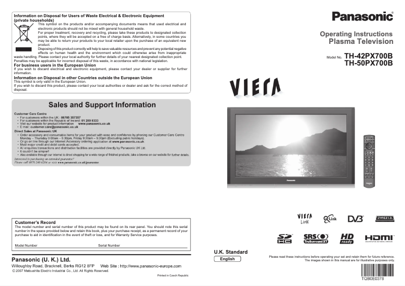 First page image of the manual for TH-50PX700B