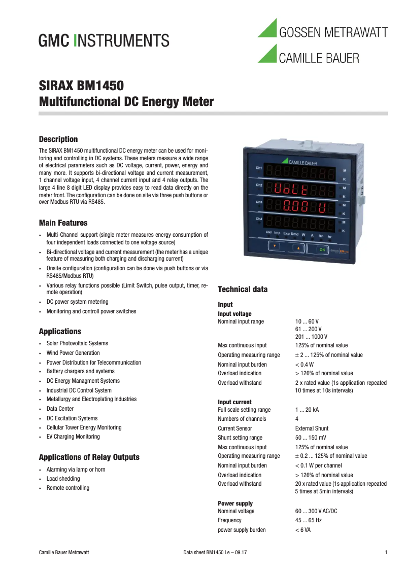 Page 1 of the manual Technical Sheet Camille Bauer SIRAX BM1450