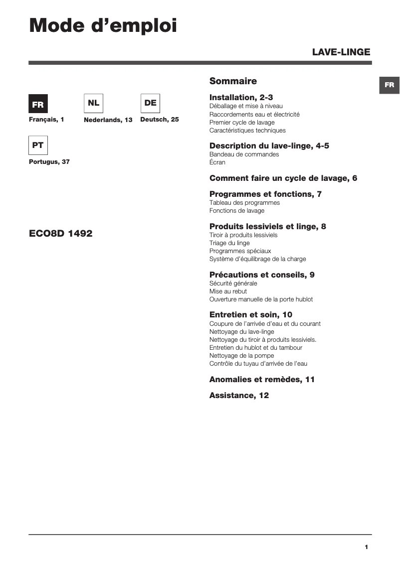 Page 1 of the manual User Manual Hotpoint Maxi ECO8D 1492