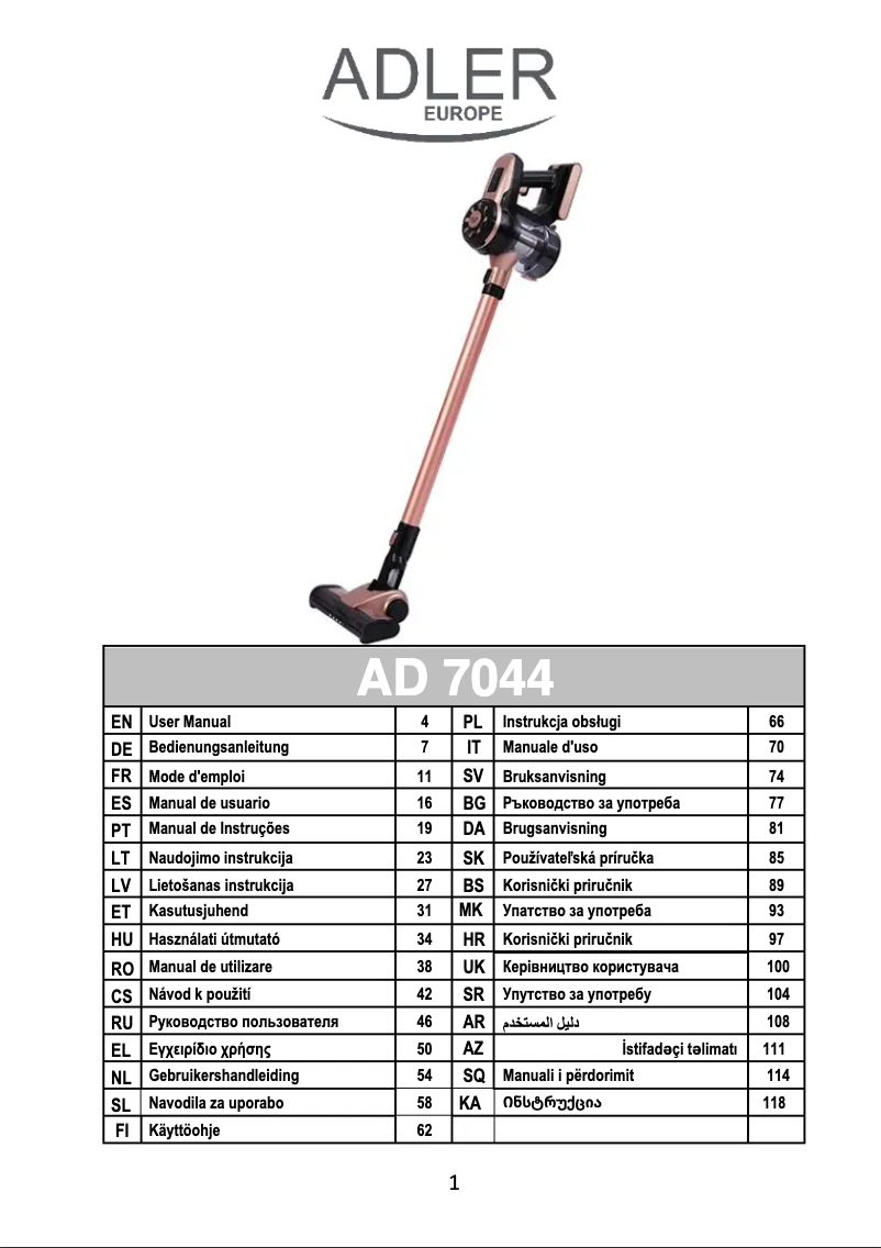 First page image of the manual for AD 7044