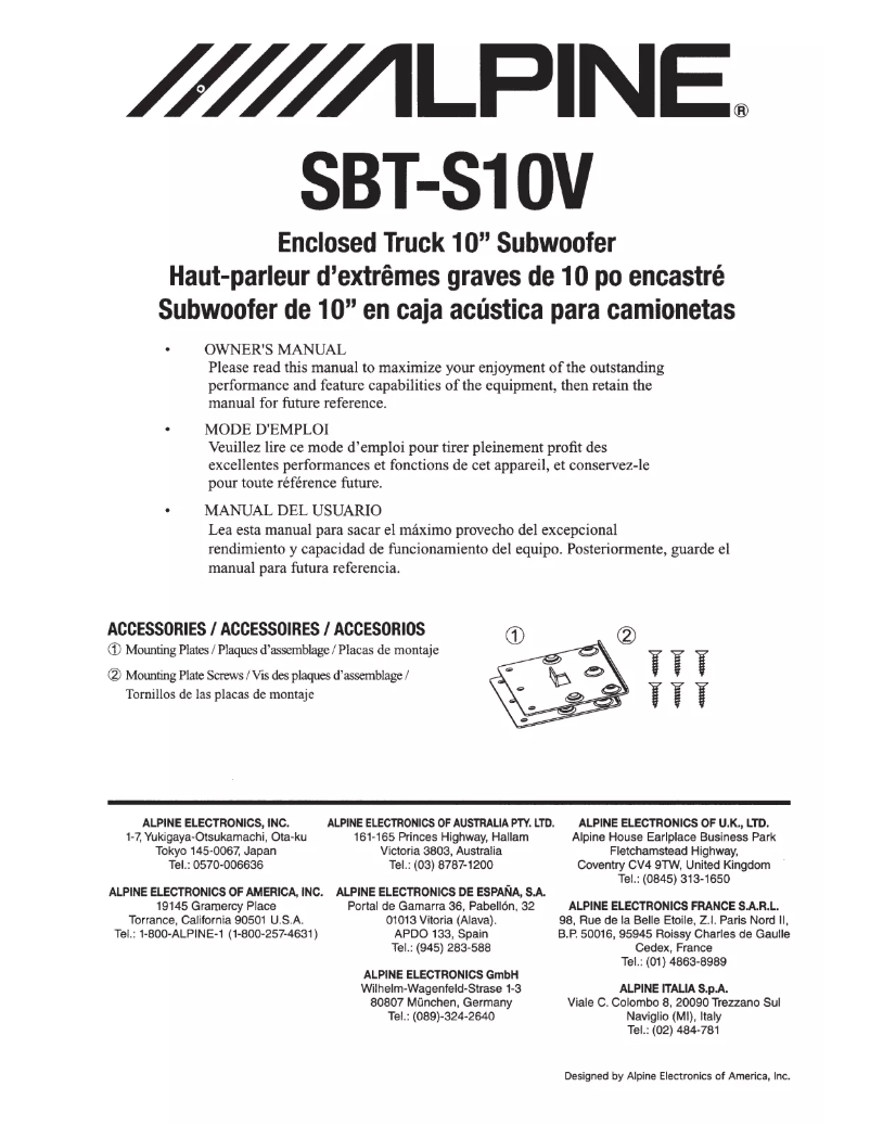 Page 1 of the manual User Manual Alpine SBT-S10V