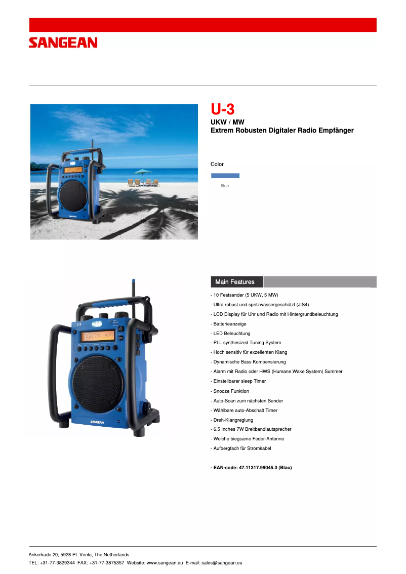 Page 1 of the manual Technical Sheet Sangean U3